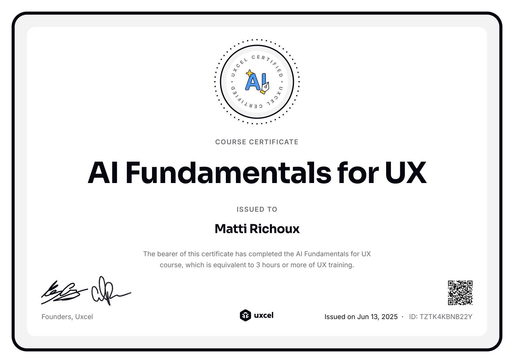 Matti Richoux's certificate